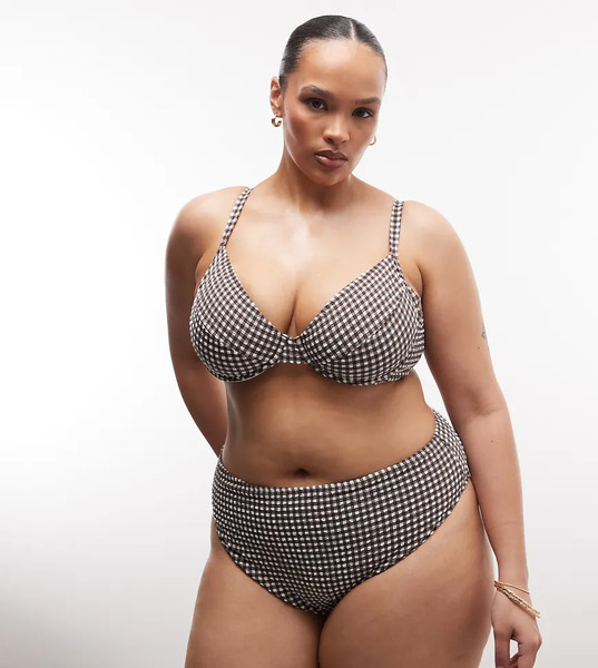  Collusion Plus Seersucker Gingham High Waist Bikini Bottom In Brown 