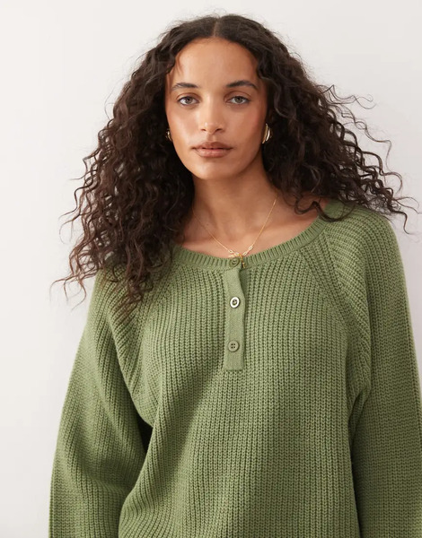  Collusion Raglan Button Up Knitted Jumper Green 