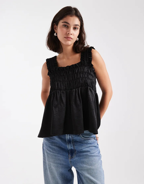  Collusion Satin Shirred Smock Top In Black 