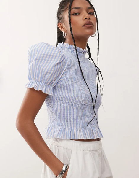  Collusion Shirred Blouse In Blue And White Stripe 