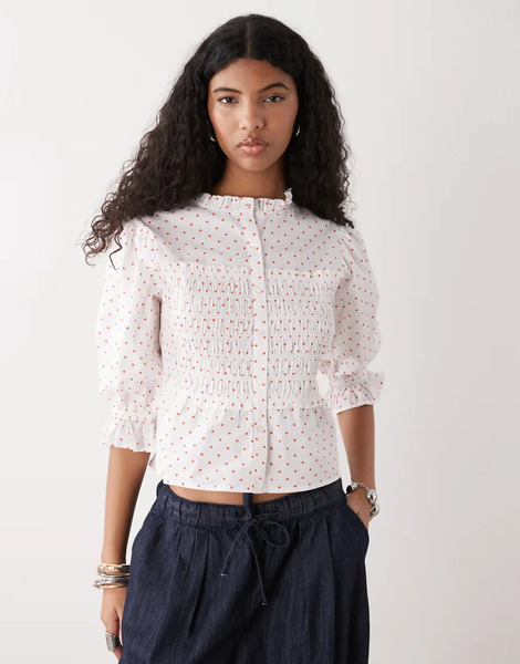  Collusion Shirred Polka Dot Blouse In White 