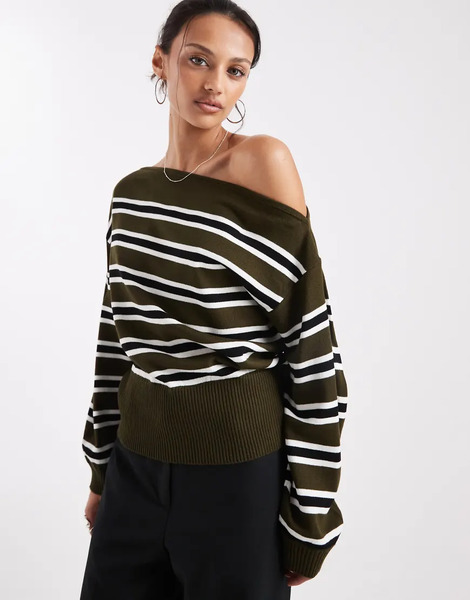  Collusion Stripe Off Shoulder Knitted Top In Olive Green 