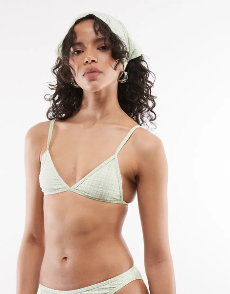  Collusion Textured Check Triangle Bikini Top In Green Yellow 