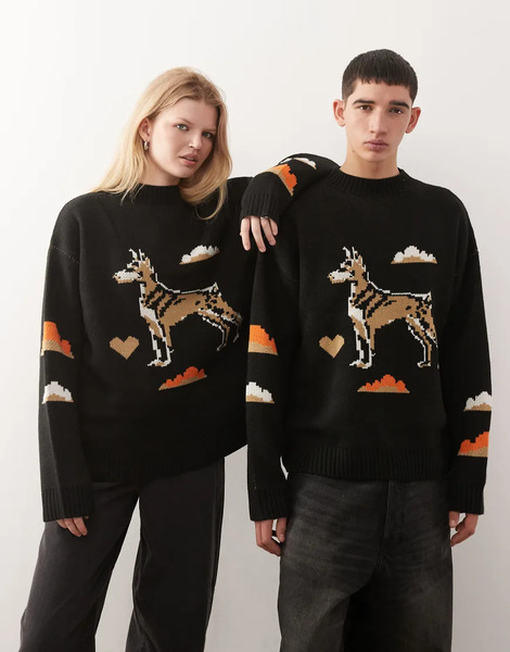  Collusion Unisex Knitted Jumper With Pixelated Dog Print Multi 