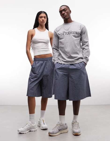  Collusion Unisex Longline Short In Blue Check 