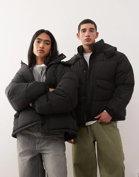  Collusion Unisex Puffer Jacket With Hood In Black 