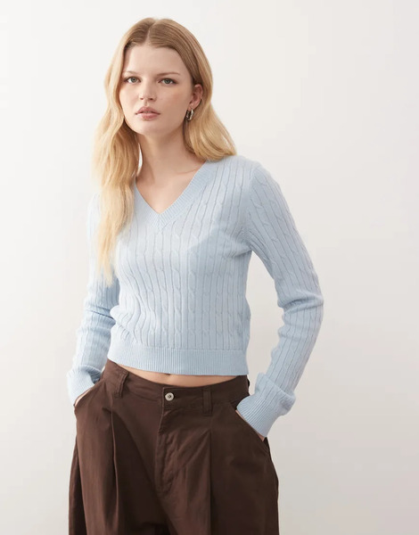  Collusion V Neck Cable Fitted Jumper Blue 