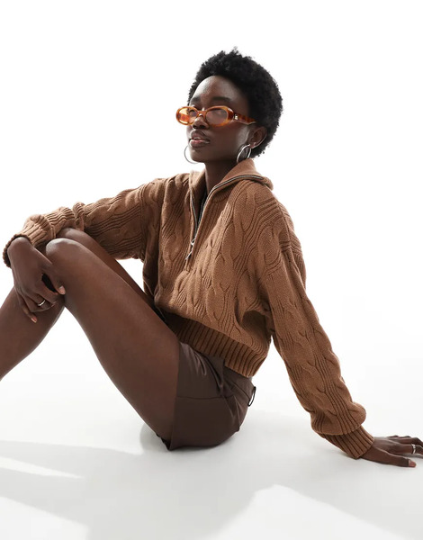  Cotton On Cotton Cable Half Zip Pullover In Walnut Brown 