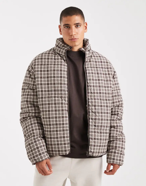  Cotton On Cropped Puffer Jacket In Chocolate Check Brown 