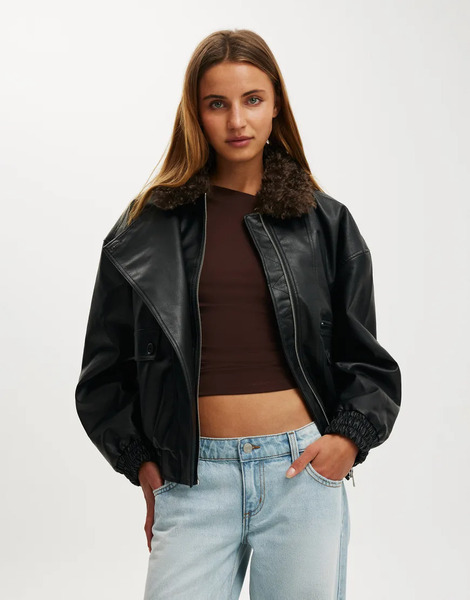  Cotton On Darcy Faux Leather Bomber In Black 