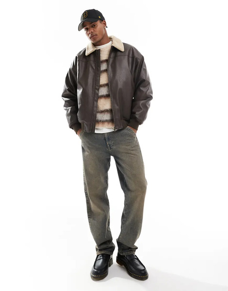  Cotton On Faux Leather Flight Jacket With Shearling Collar Brown 