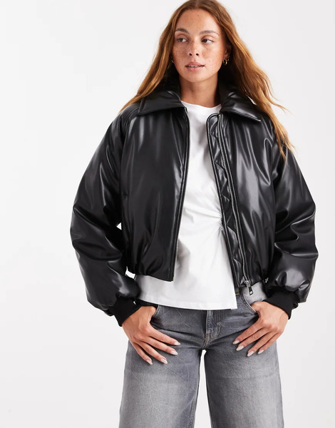  Cotton On Faux Leather Puff Jacket In Black 