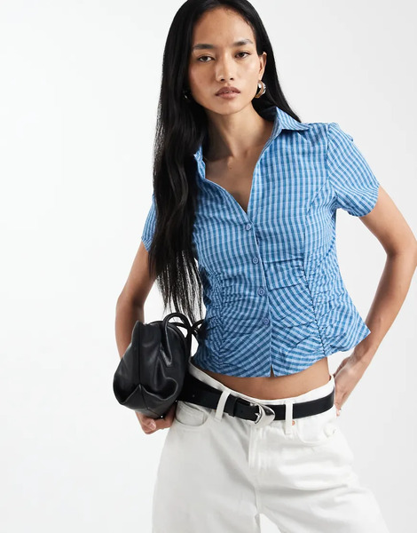  Cotton On Maya Rouched Shirt In Harri Check Navy 