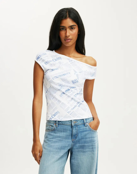  Cotton On Off Shoulder Graphic Tee In White 