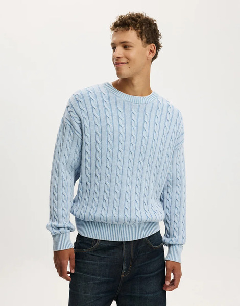  Cotton On Washed Box Fit Crew Knit In Light/pastel Blue 