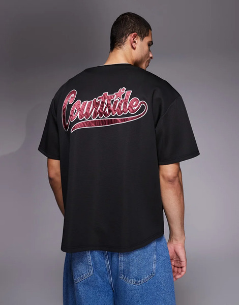  Courtside Boxy Oversized Baseball Jersey In Black With Red Logo Applique 