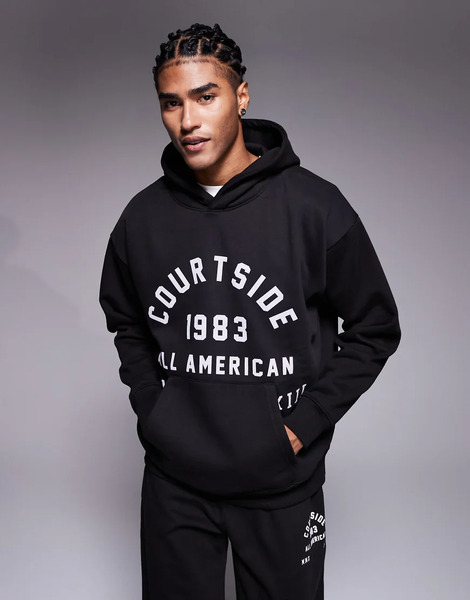  Courtside Co Ord Oversized Pullover Hoodie In Black With Collegiate Print 