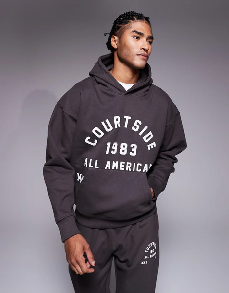  Courtside Co Ord Oversized Pullover Hoodie In Brown With Collegiate Print 