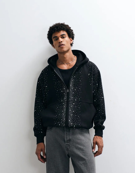  Courtside Embellished Zip Through Hoodie In Black 