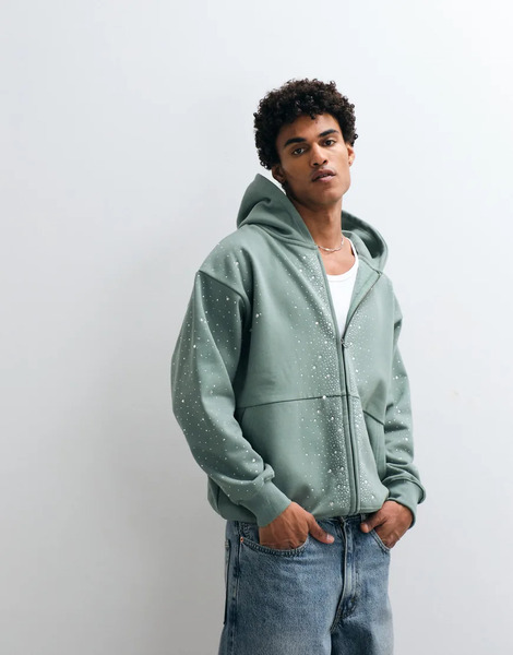  Courtside Embellished Zip Through Hoodie In Green 