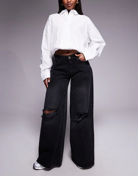  Courtside Oversized Denim Jeans In Washed Black With Knee Rips 
