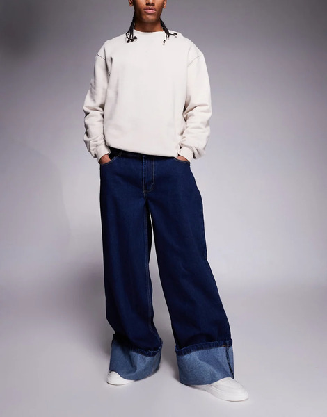  Courtside Oversized Jeans In Darkwash Blue With Turn Up Hem 