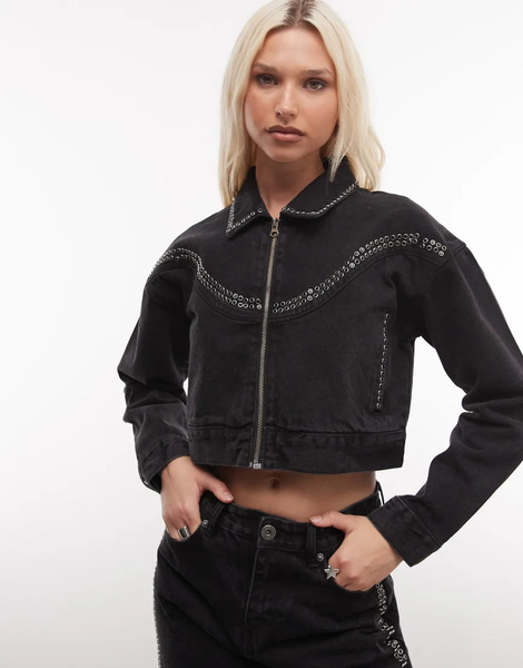  Courtside Studded Denim Jacket Co Ord In Black Wash 
