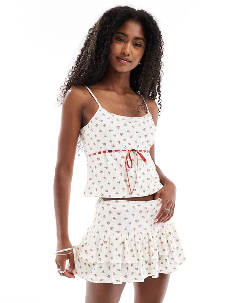  Daisy Street Floral Pointelle Cami Top With Thread Through Lace Detail In Red Cream Ditsy Floral Co Ord Multi 