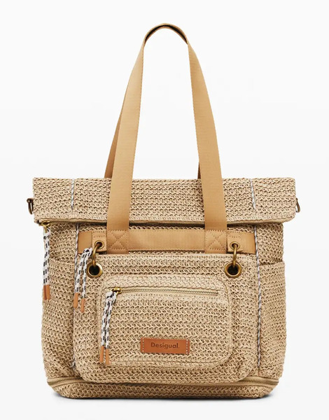 Desigual Large Modular Raffia Backpack In Beige Neutral 