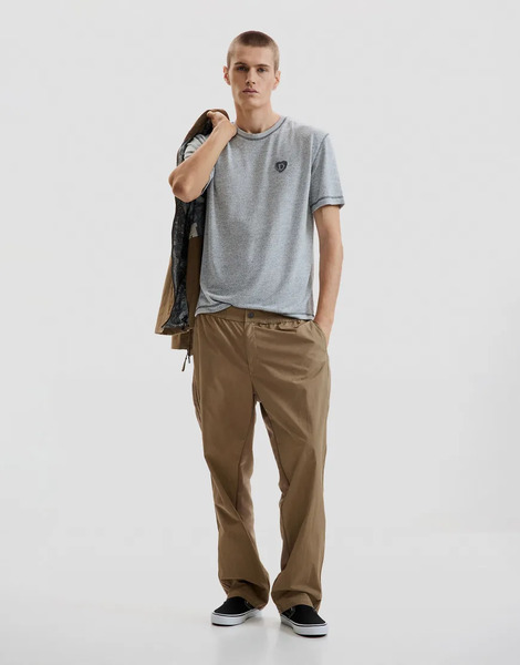  Desigual Long Mixed Fabric Trousers In Khaki Green 