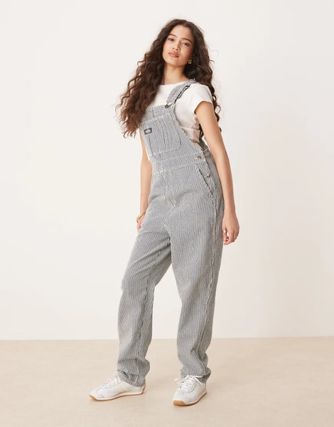  Dickies Classic Hickory Stripe Denim Dungarees In Navy 