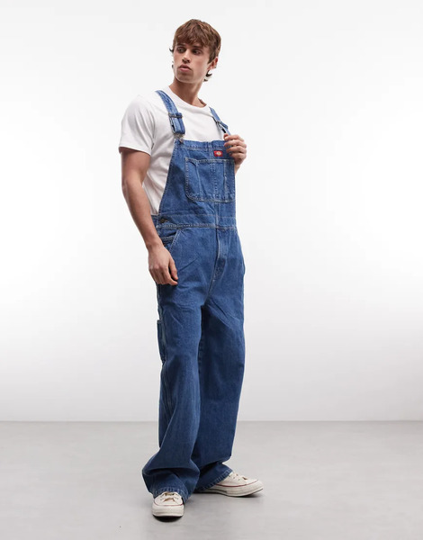  Dickies Loose Denim Dungarees In Classic Blue 