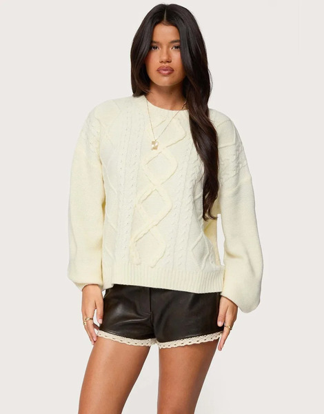  Edikted Braided Cable Knit Oversized Sweater In Cream White 