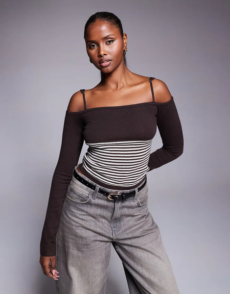 Edikted Darya Striped Off Shoulder Knit Top In Brown 