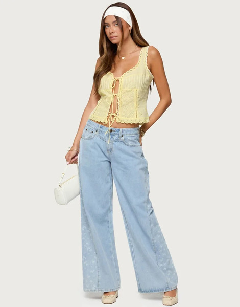  Edikted Floral Split Low Rise Jeans In Blue Washed 