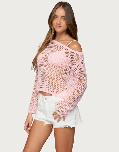  Edikted Inara Off Shoulder Crochet Top In Light Pink 