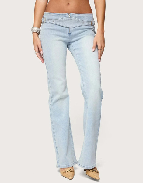  Edikted Kenza Belted Low Rise Flared Jeans In Light Blue 