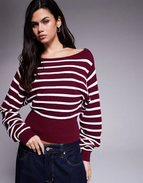  Edikted Mika Off Shoulder Oversized Striped Sweater In Burgundy Red 