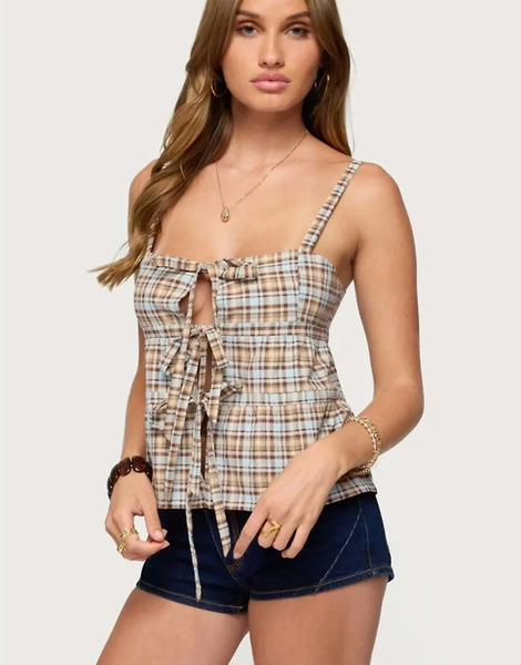  Edikted Mirena Tie Front Plaid Tank Top In Mix Multi 