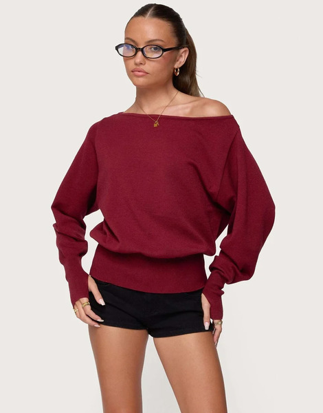  Edikted Off Shoulder Oversized Sweater In Burgundy Red 
