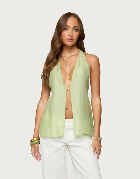  Edikted Silky Look Split Front Halter Top In Sage Green 
