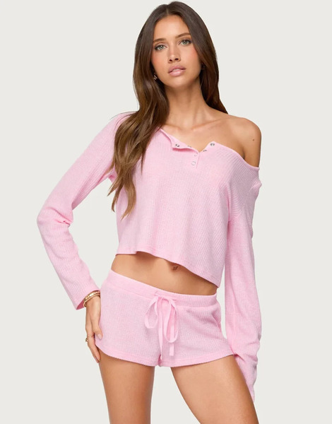  Edikted Teddy Cropped Waffle Top In Light Pink 