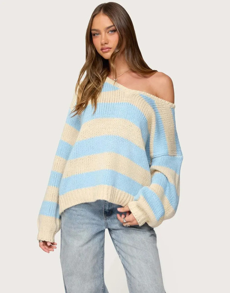  Edikted Tracie Striped Oversized Sweater In Light Blue 