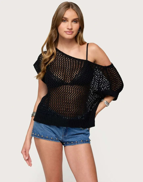  Edikted Trix Off Shoulder Open Knit Top In Black 