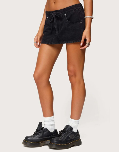  Edikted Ziggie Tie Front Denim Mini Skort In Black 