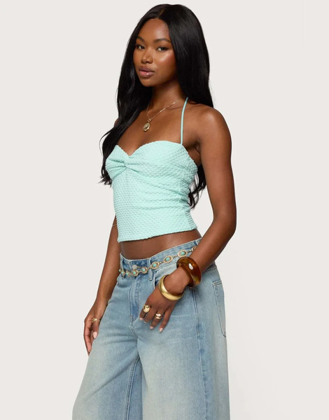  Edikted Zoee Twisted Textured Halter Top In Aqua Blue 