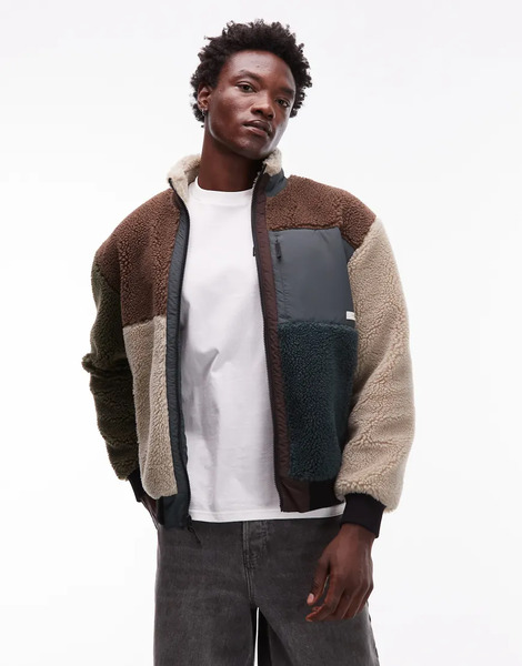  Element Oak Patchwork Sherpa Zip Through Fleece In Brown, Cream Multi 