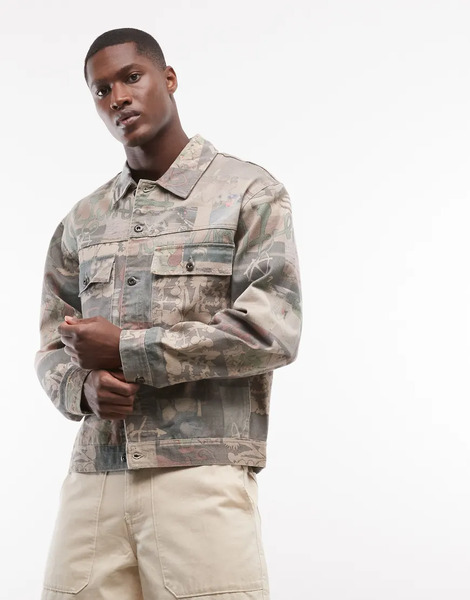 Element Trucker Utility Graffiti Print Jacket In Khaki Blue 