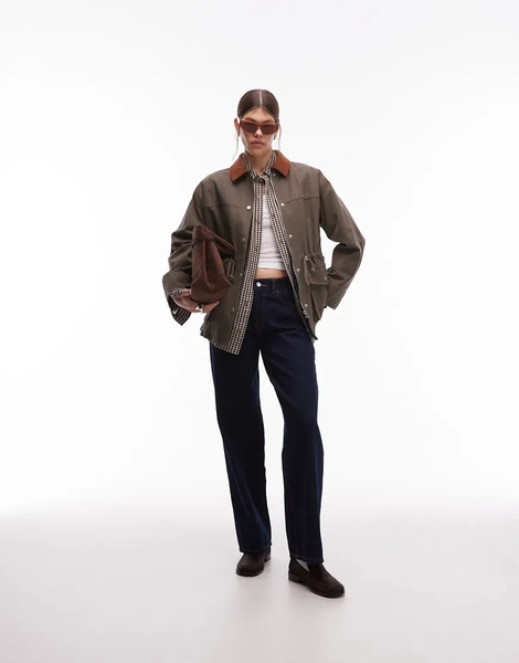  Emory Park Oversized Button Through Worker Jacket In Olive Green 