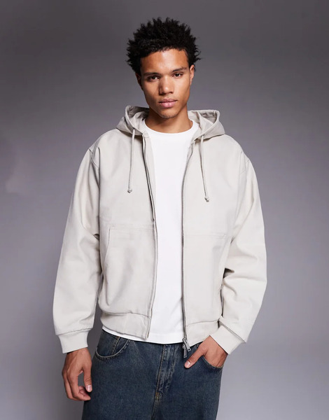  Faded Store Core Canvas Hooded Zip Through Jacket In Washed Beige Neutral 